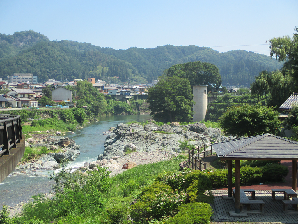 清流と緑が広がる静かな風景