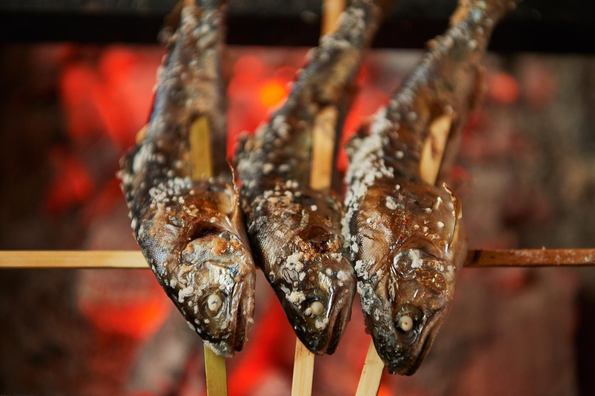 囲炉裏で鮎の塩焼き