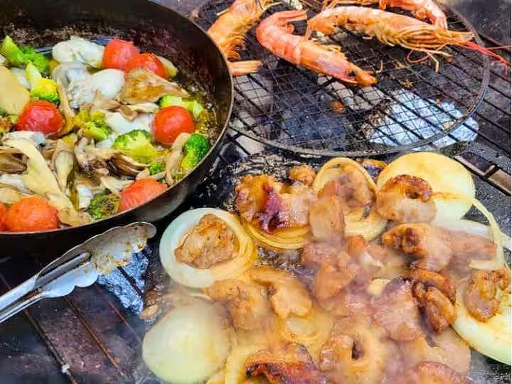 BBQ食材 アヒージョ、エビ、お肉、野菜