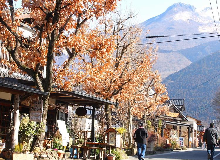 秋の紅葉が残る通り沿いに、伝統的な家屋が立ち並ぶ山間の風景。遠くには山がそびえ、道を歩く人々がのんびりとした雰囲気を楽しんでいる。